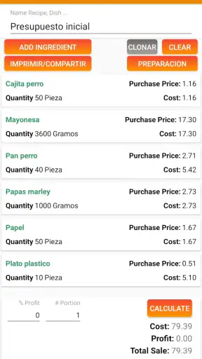 Cost Recipes screenshot