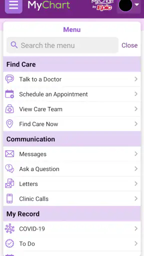 Trinity Health MyChart screenshot