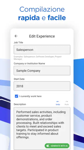 IA Creare Curriculum CV PDF screenshot