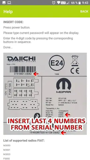 RADIO CODE for FIAT DAIICHI screenshot